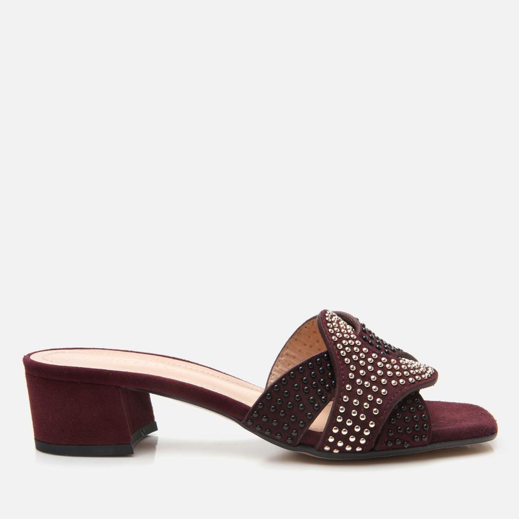 Kadın Süet Deri Bordo Taşlı Topuklu Terlik