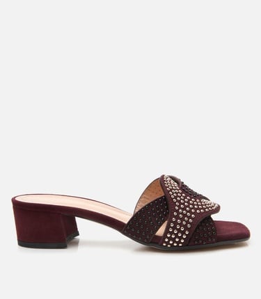  Kadın Süet Deri Bordo Taşlı Topuklu Terlik