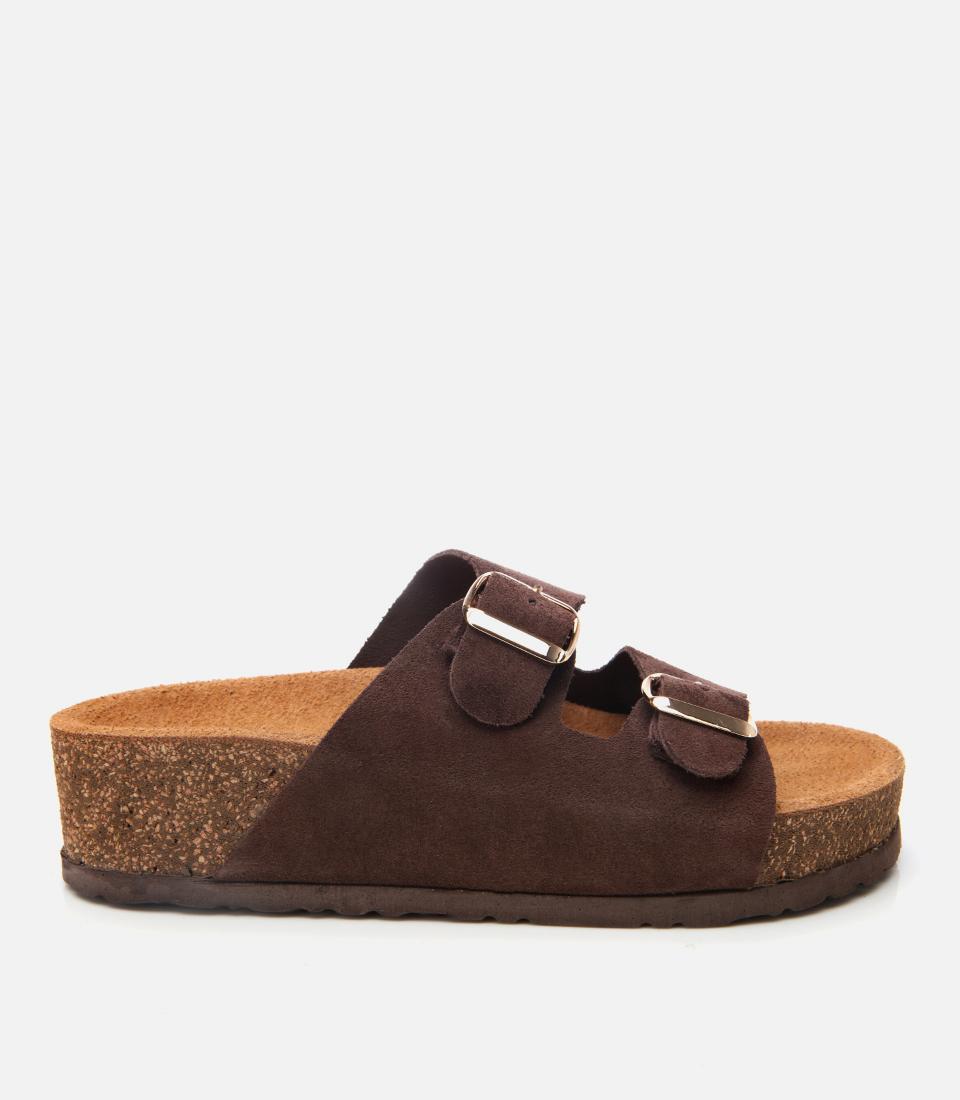  Kadın Süet Deri Kahverengi Ayarlanabilir Düz Terlik