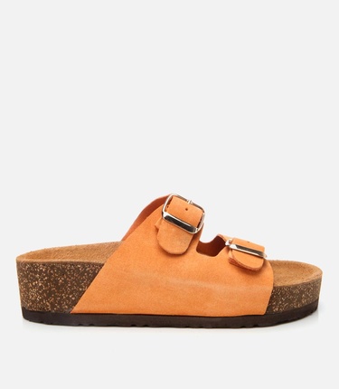  Kadın Süet Deri Turuncu Ayarlanabilir Düz Terlik