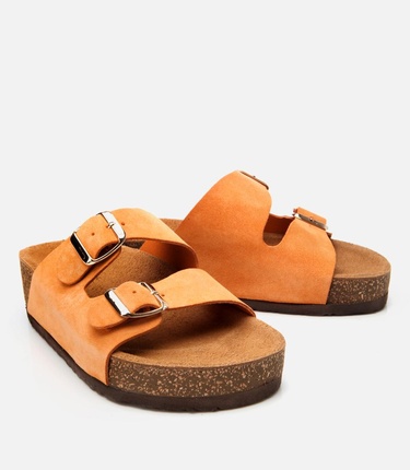  Kadın Süet Deri Turuncu Ayarlanabilir Düz Terlik