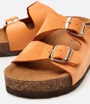  Kadın Süet Deri Turuncu Ayarlanabilir Düz Terlik