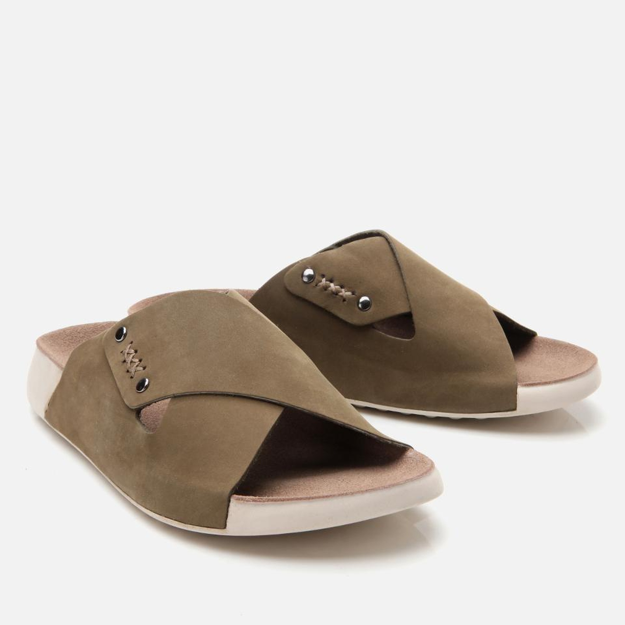 Kadın Nubuk Deri Haki Düz Terlik