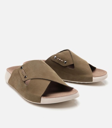  Kadın Nubuk Deri Haki Düz Terlik