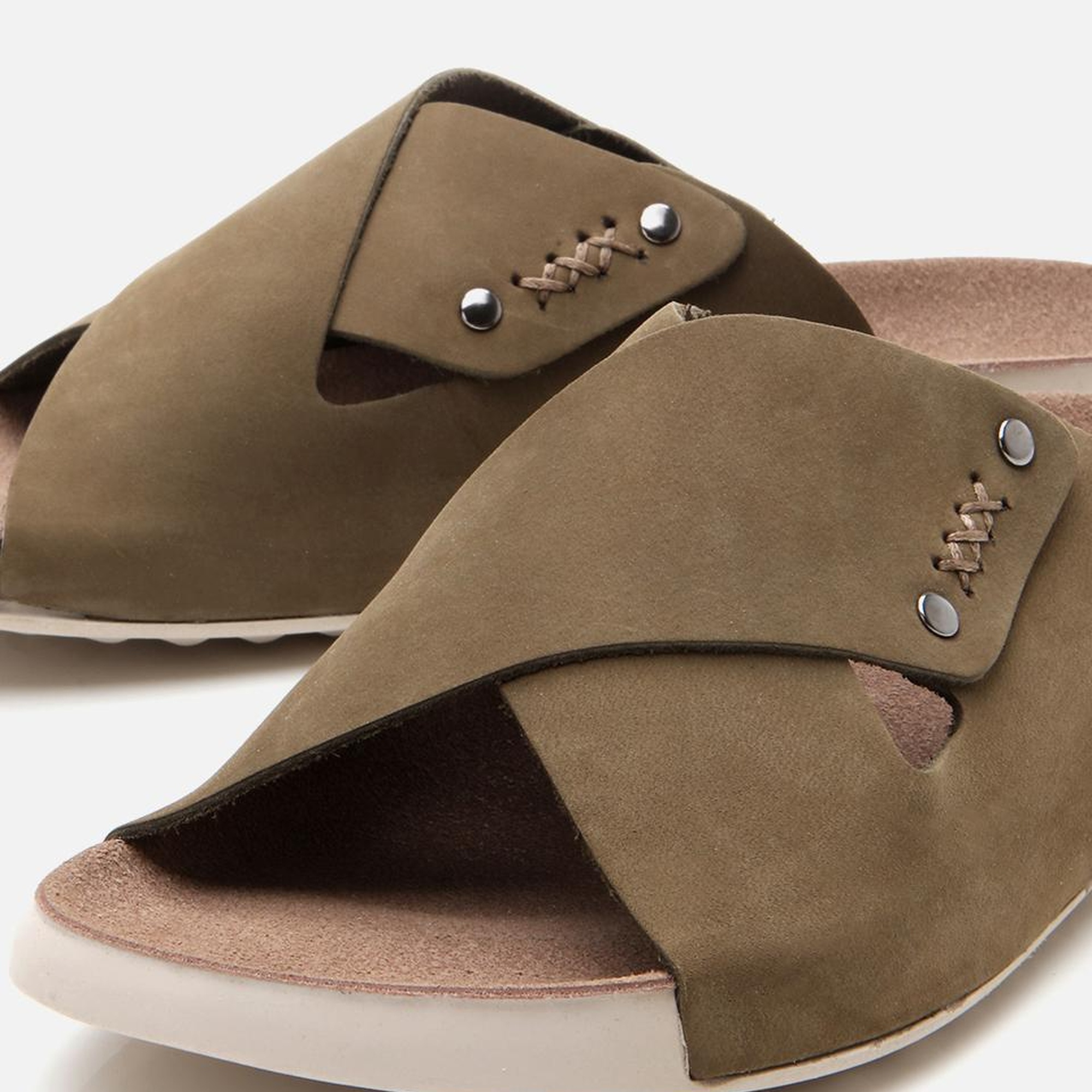 Kadın Nubuk Deri Haki Düz Terlik