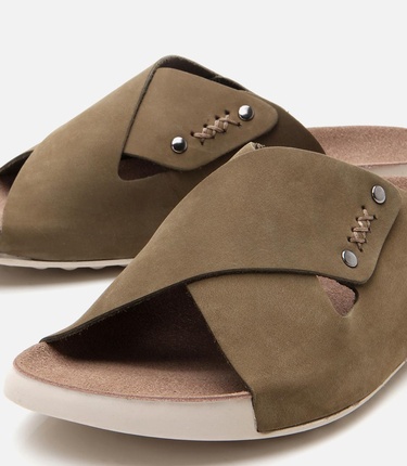 Kadın Nubuk Deri Haki Düz Terlik