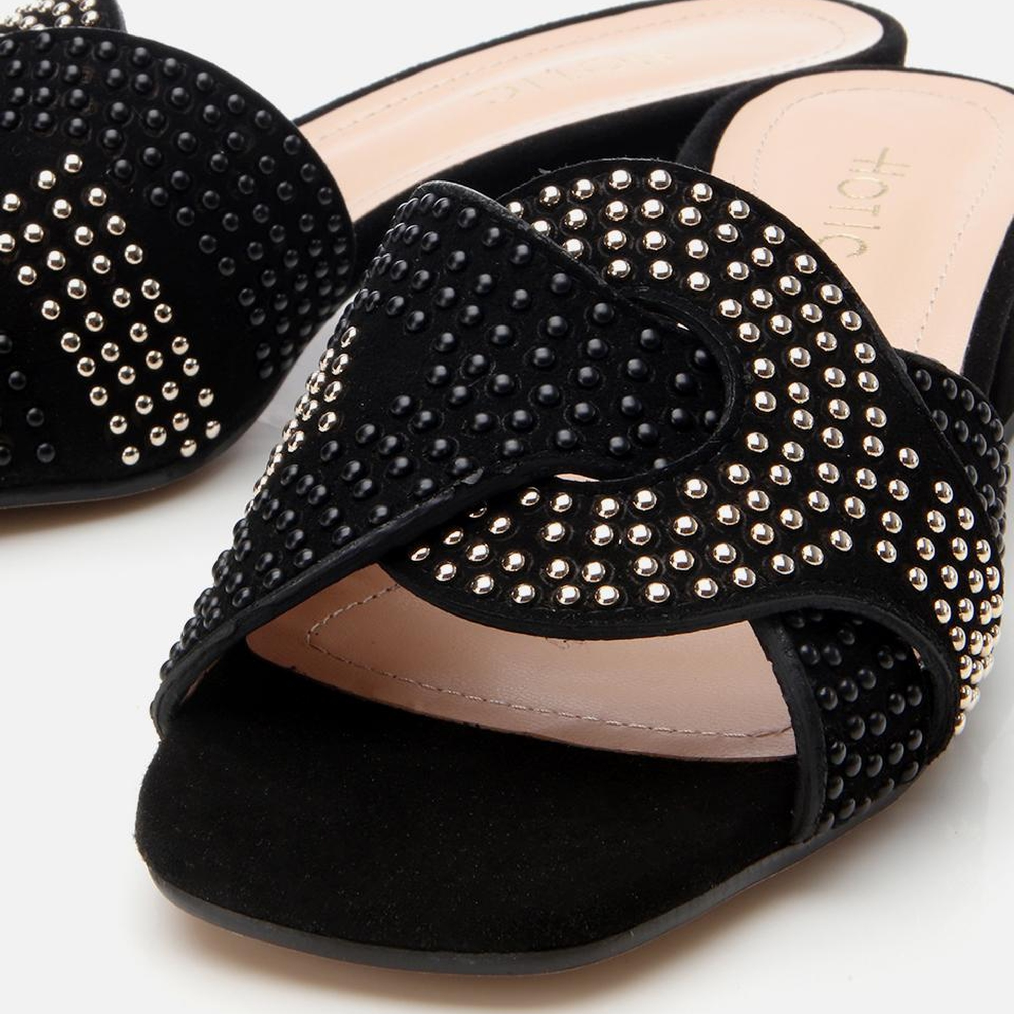 Kadın Süet Deri Siyah Taşlı Topuklu Terlik