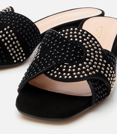  Kadın Süet Deri Siyah Taşlı Topuklu Terlik