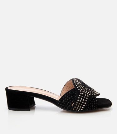  Kadın Süet Deri Siyah Taşlı Topuklu Terlik