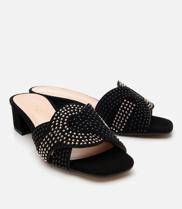  Kadın Süet Deri Siyah Taşlı Topuklu Terlik