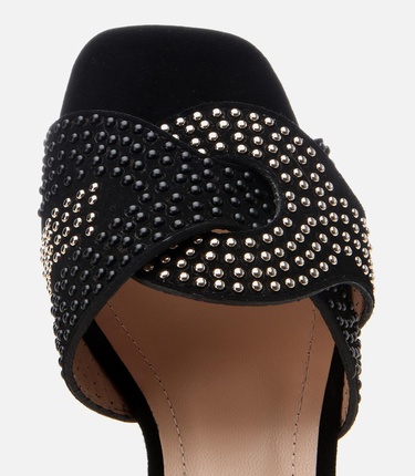  Kadın Süet Deri Siyah Taşlı Topuklu Terlik
