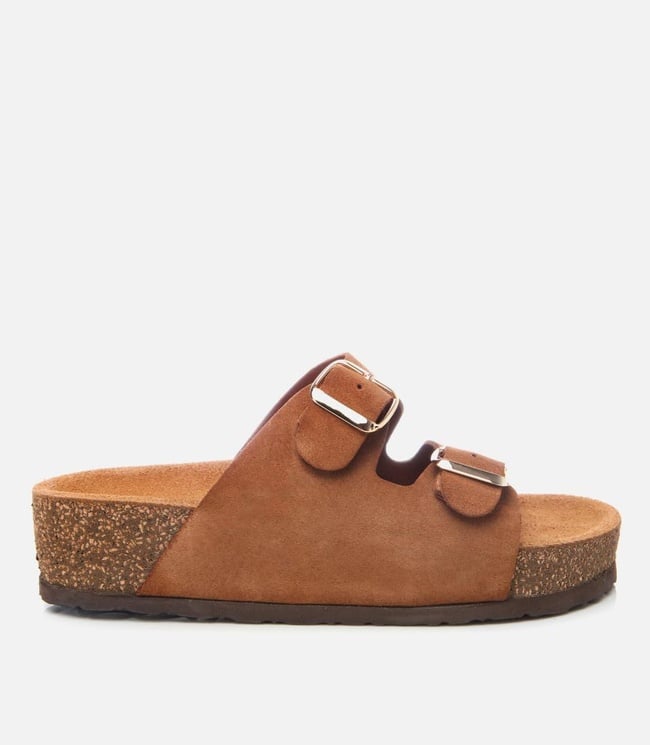  Kadın Süet Deri Taba Ayarlanabilir Düz Terlik