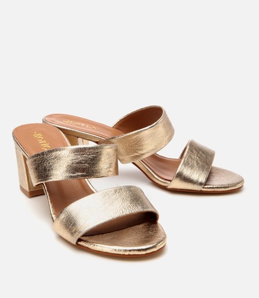  Kadın Deri Gold Kalın Topuklu Terlik