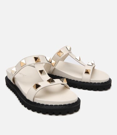  Kadın Deri Ekru Taşlı Terlik