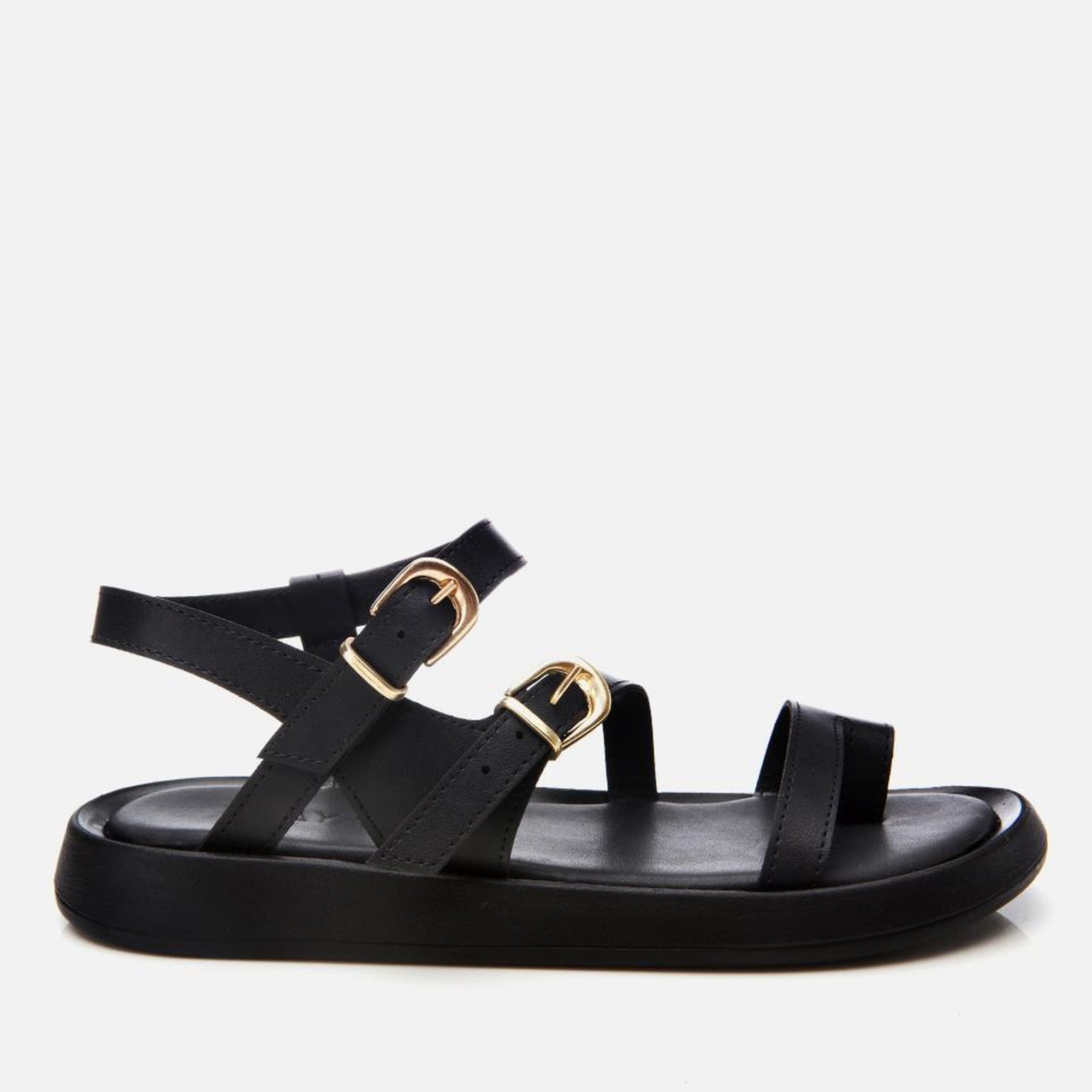 Kadın Siyah Yaya Ayarlanabilir Kemerli Düz Sandalet