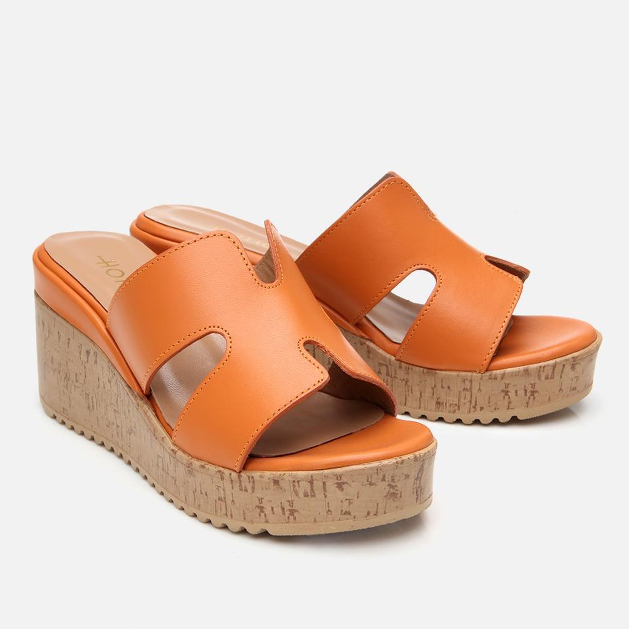 Kadın Deri Turuncu Taşlı Topuklu Terlik