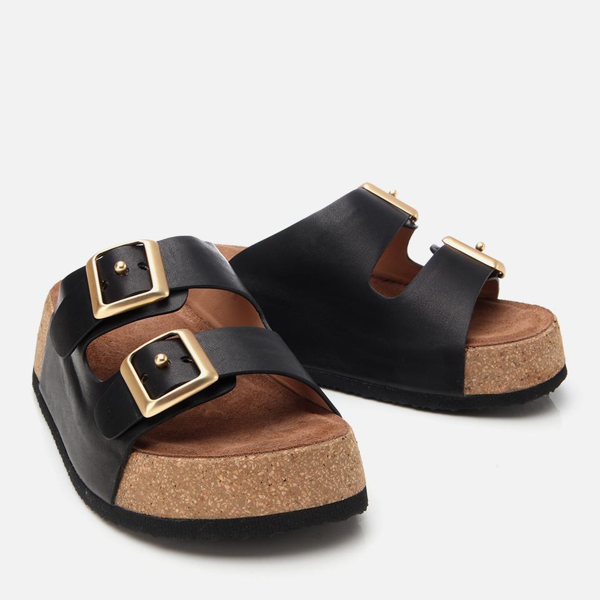 Kadın Deri Siyah Kemerli Yüksek Tabanlı Düz Terlik