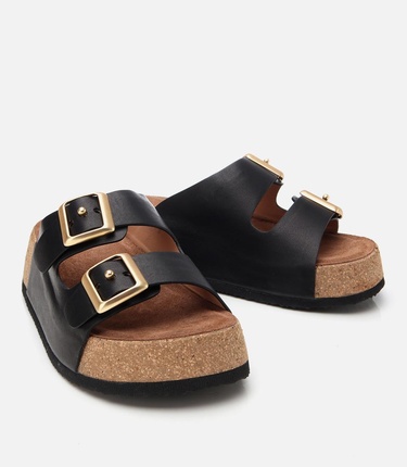  Kadın Deri Siyah Kemerli Yüksek Tabanlı Düz Terlik