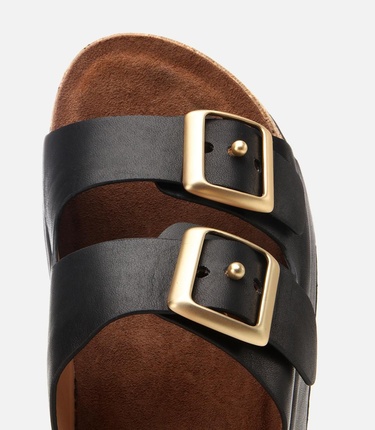  Kadın Deri Siyah Kemerli Yüksek Tabanlı Düz Terlik