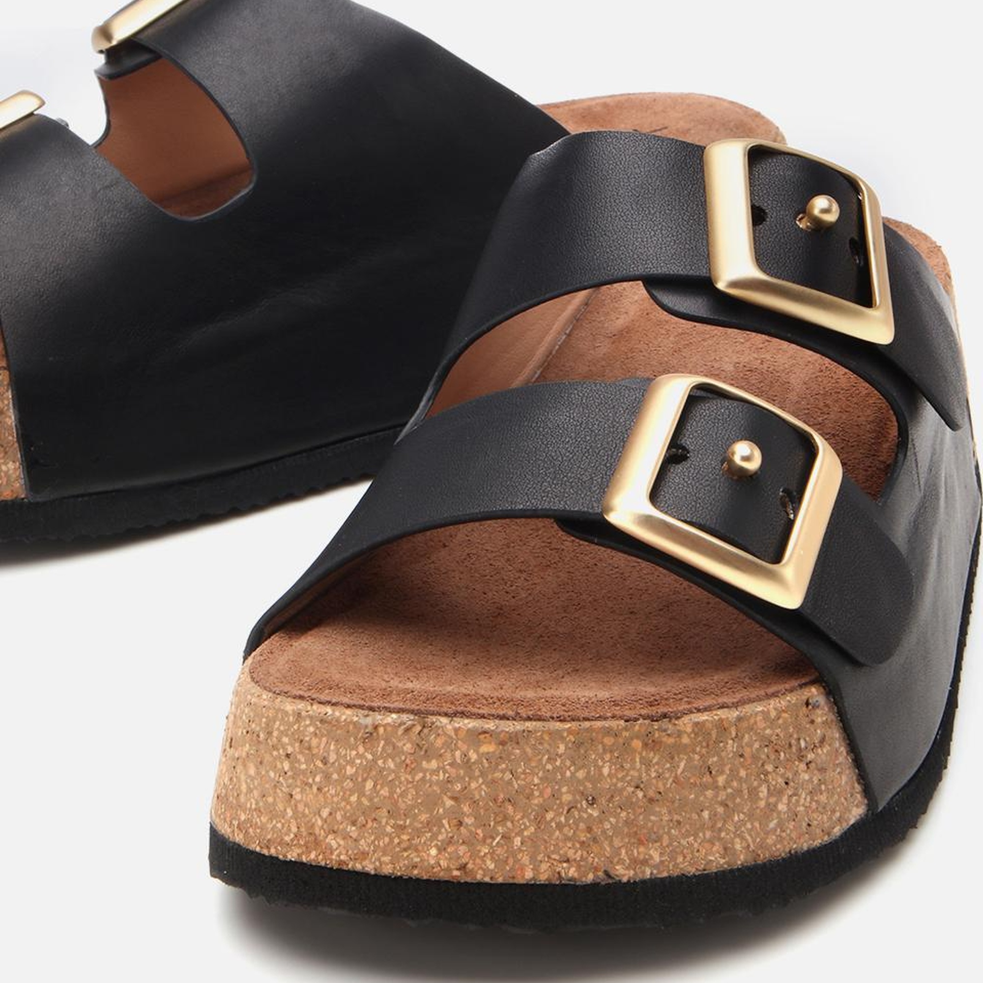 Kadın Deri Siyah Kemerli Yüksek Tabanlı Düz Terlik