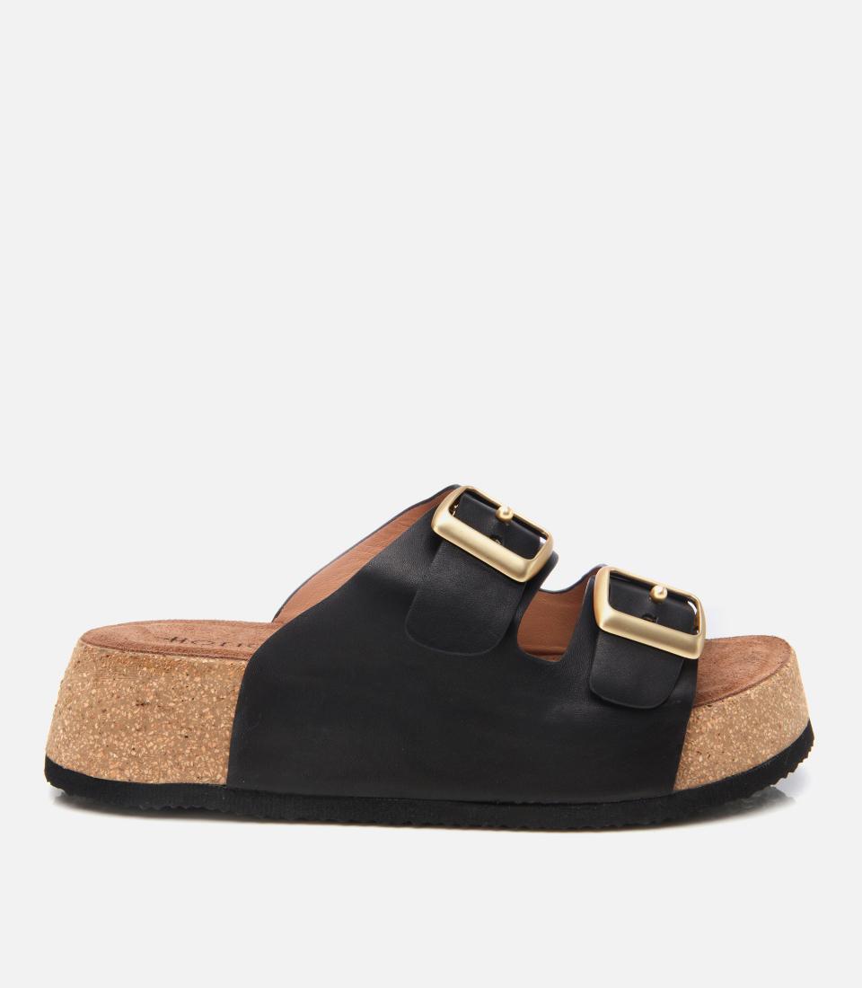  Kadın Deri Siyah Kemerli Yüksek Tabanlı Düz Terlik