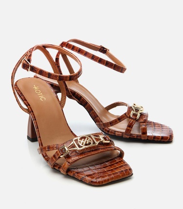  Kadın Deri Taba Kroko Desenli Topuklu Sandalet