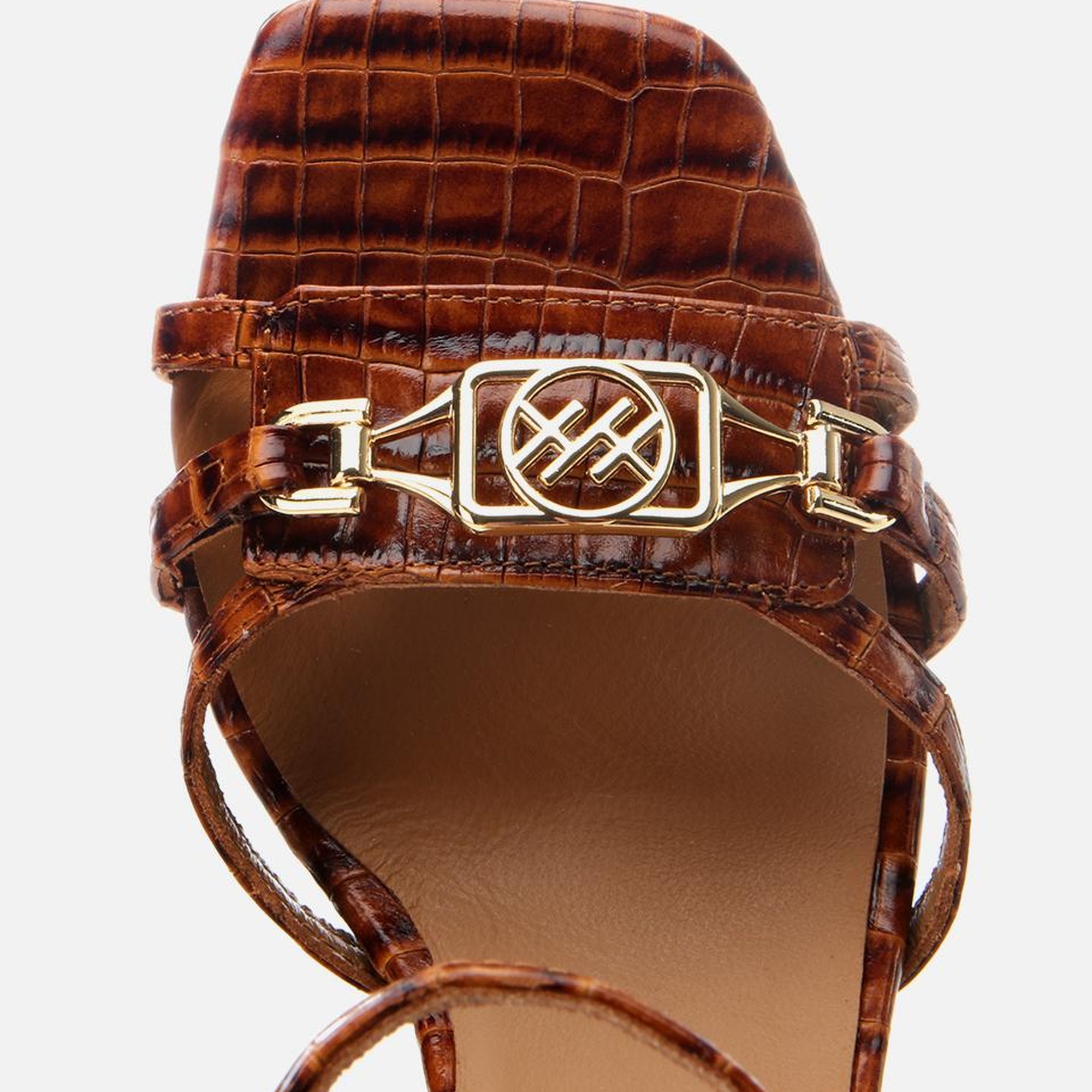 Kadın Deri Taba Kroko Desenli Topuklu Sandalet