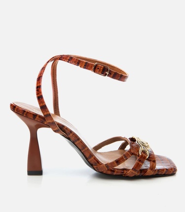  Kadın Deri Taba Kroko Desenli Topuklu Sandalet