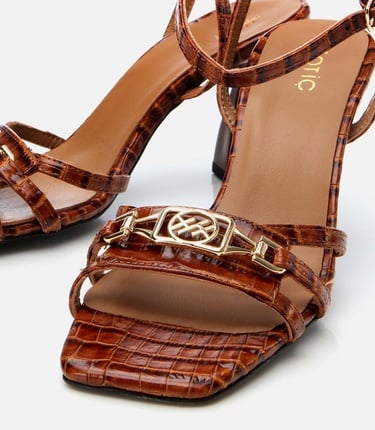  Kadın Deri Taba Kroko Desenli Topuklu Sandalet