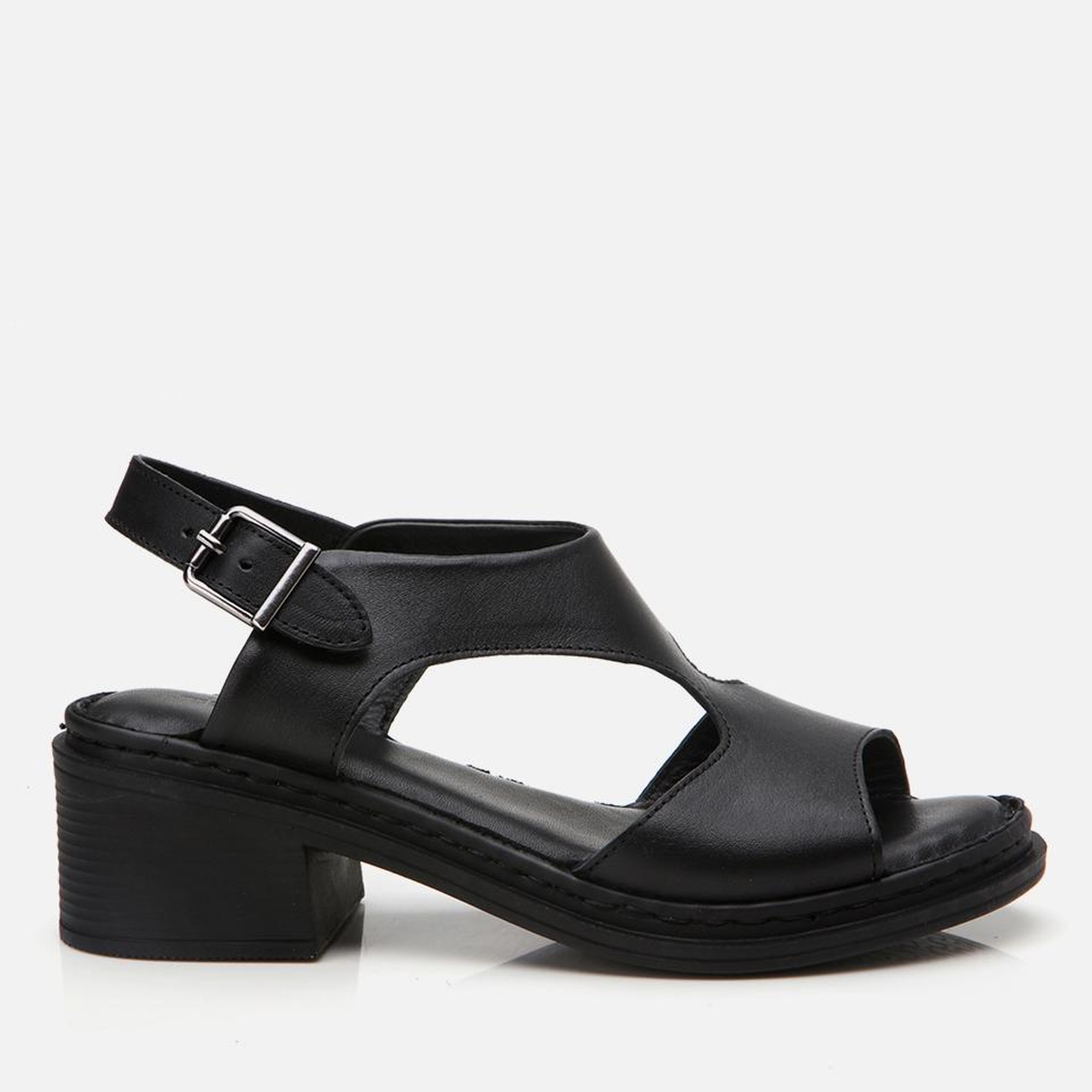 Kadın Deri Siyah Kemerli Rahat Topuklu Sandalet