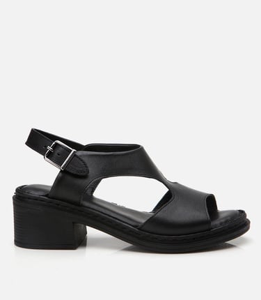  Kadın Deri Siyah Kemerli Rahat Topuklu Sandalet