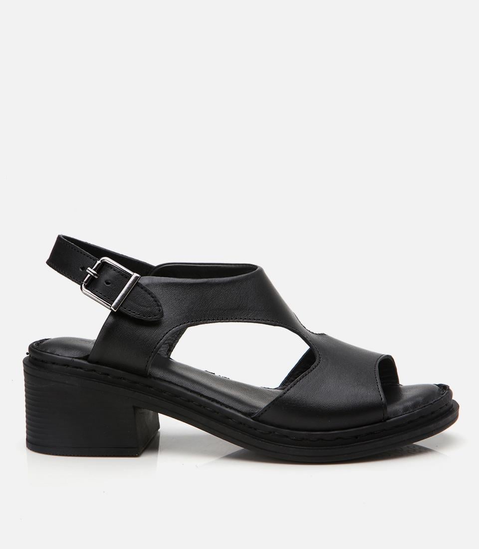  Kadın Deri Siyah Kemerli Rahat Topuklu Sandalet