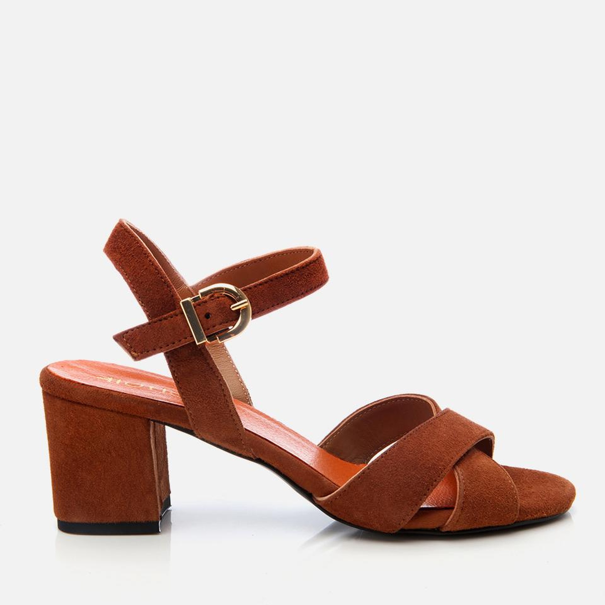 Kadın Süet Deri Taba Kemerli Kalın Topuklu Sandalet