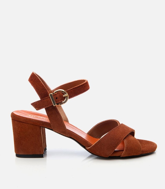  Kadın Süet Deri Taba Kemerli Kalın Topuklu Sandalet