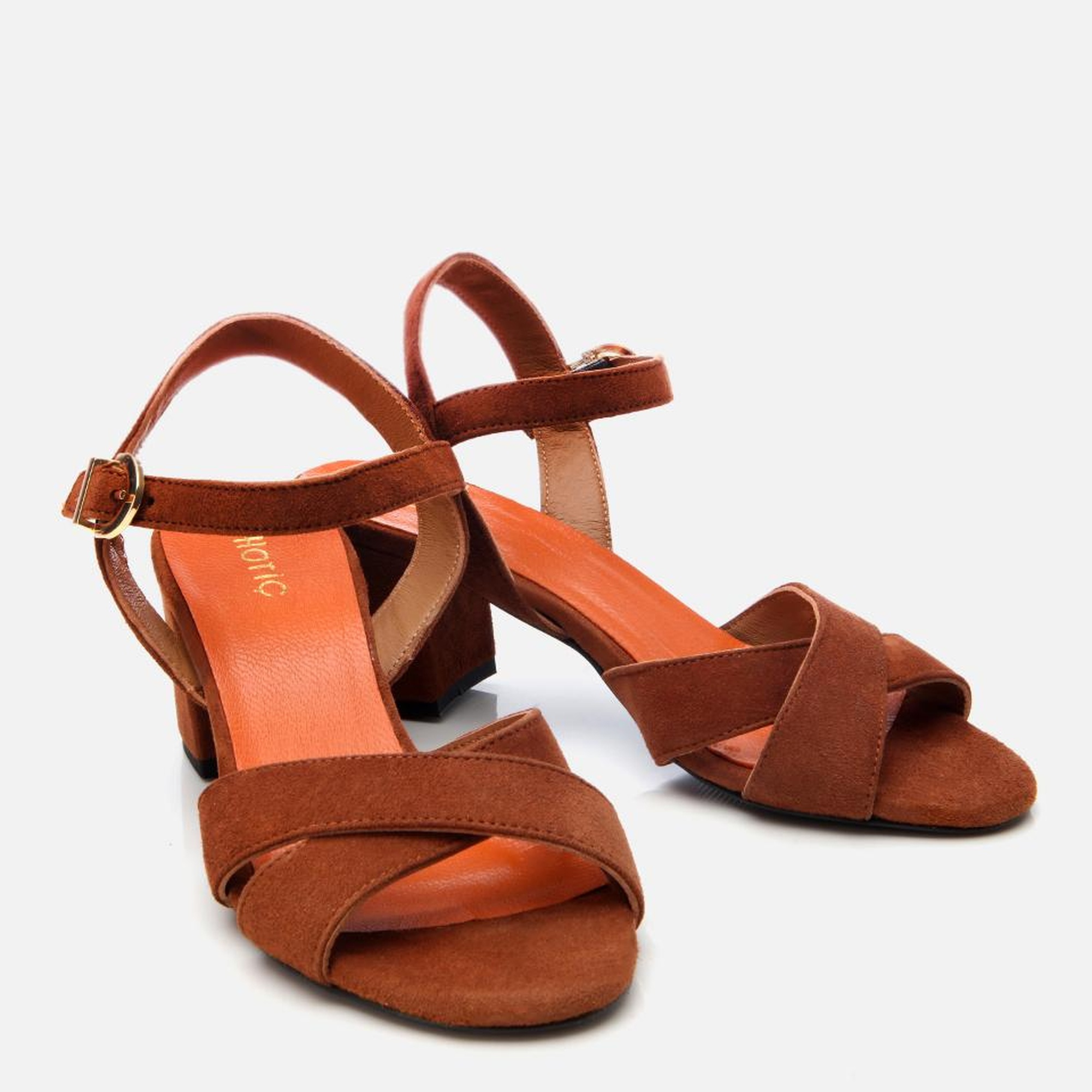 Kadın Süet Deri Taba Kemerli Kalın Topuklu Sandalet