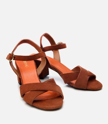  Kadın Süet Deri Taba Kemerli Kalın Topuklu Sandalet