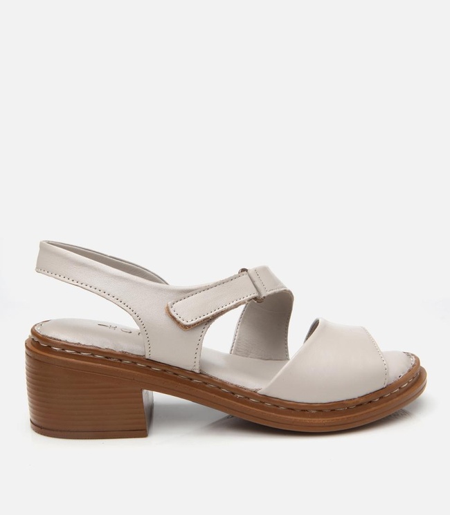  Kadın Deri Ekru Ayarlanabilir Rahat Topuklu Sandalet