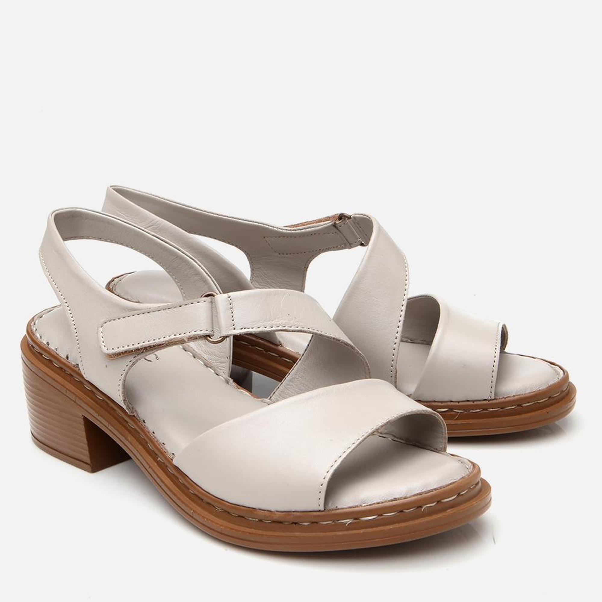 Kadın Deri Ekru Ayarlanabilir Rahat Topuklu Sandalet