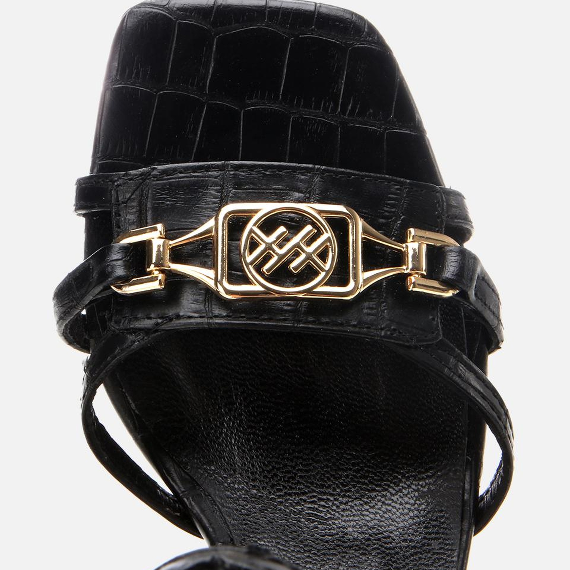 Kadın Deri Siyah Kroko Desenli Topuklu Sandalet