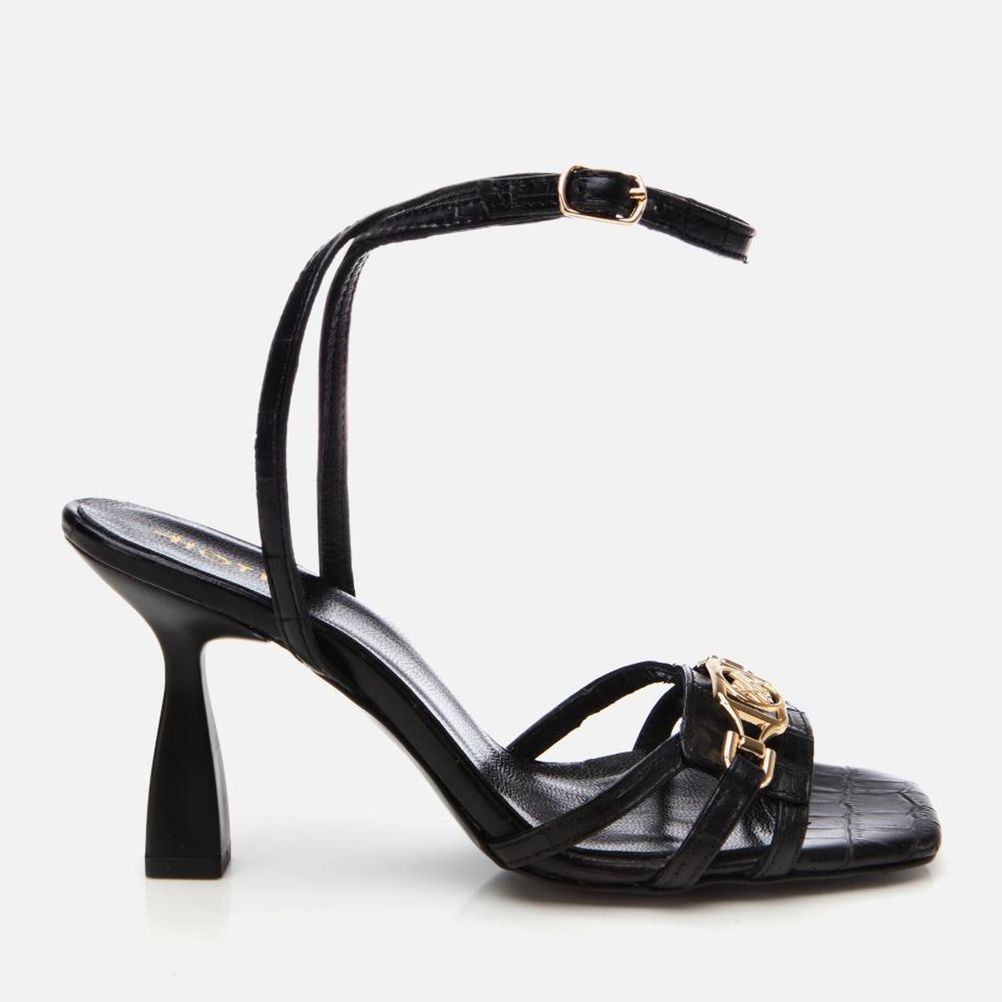 Kadın Deri Siyah Kroko Desenli Topuklu Sandalet
