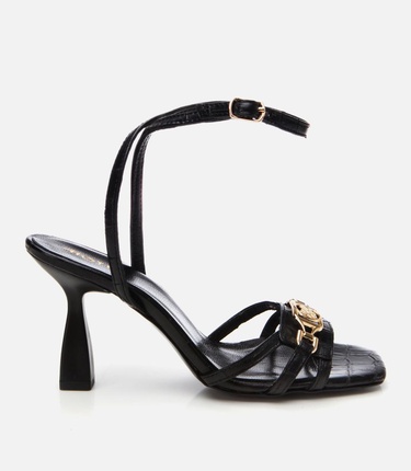  Kadın Deri Siyah Kroko Desenli Topuklu Sandalet