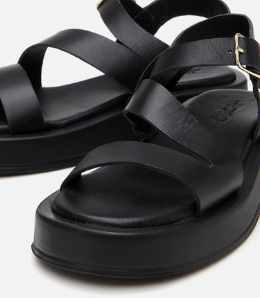  Kadın Deri Siyah Ayarlanabilir Düz Sandalet