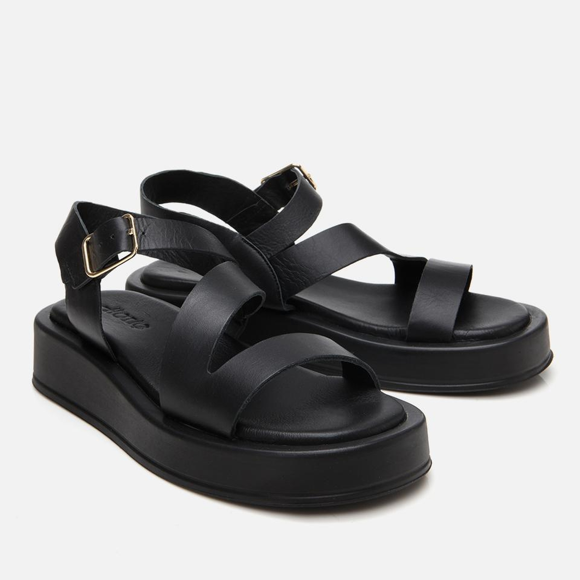 Kadın Deri Siyah Ayarlanabilir Düz Sandalet