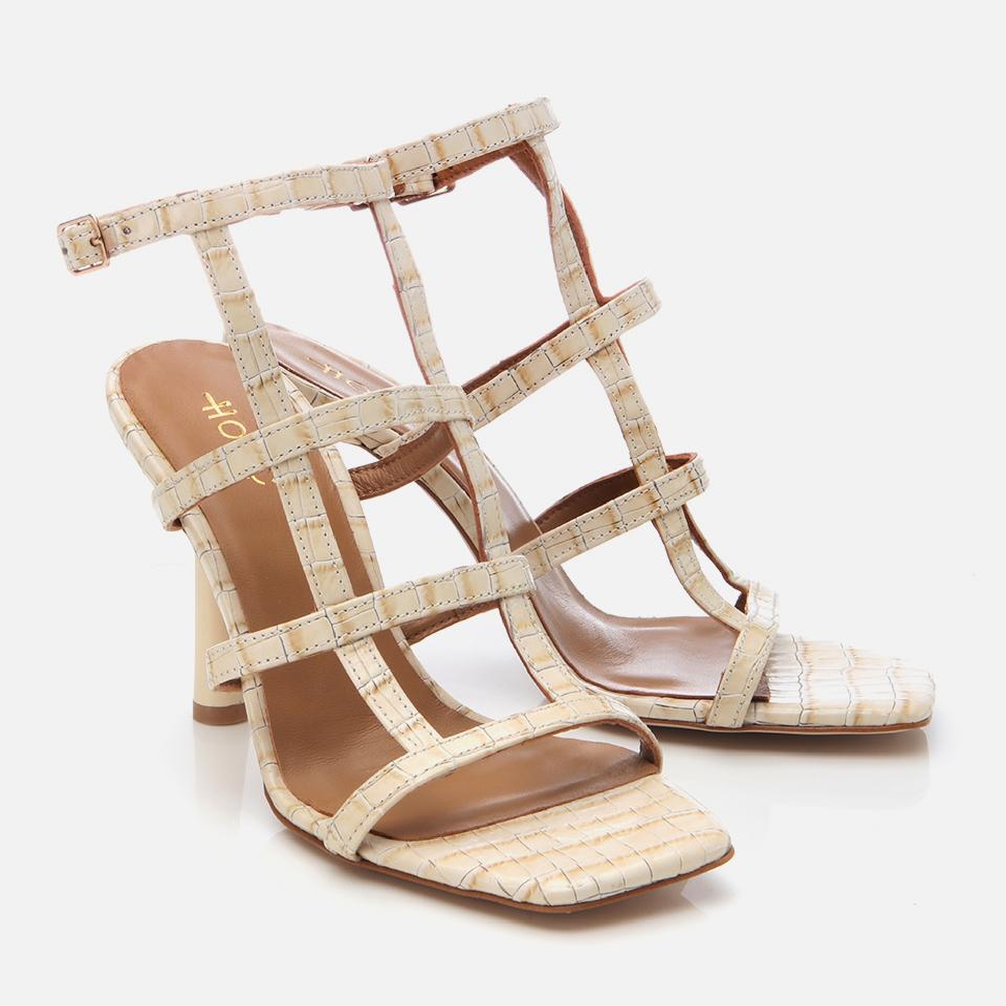 Kadın Deri Bej Kroko Desenli Topuklu Sandalet