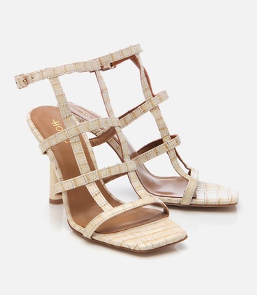  Kadın Deri Bej Kroko Desenli Topuklu Sandalet