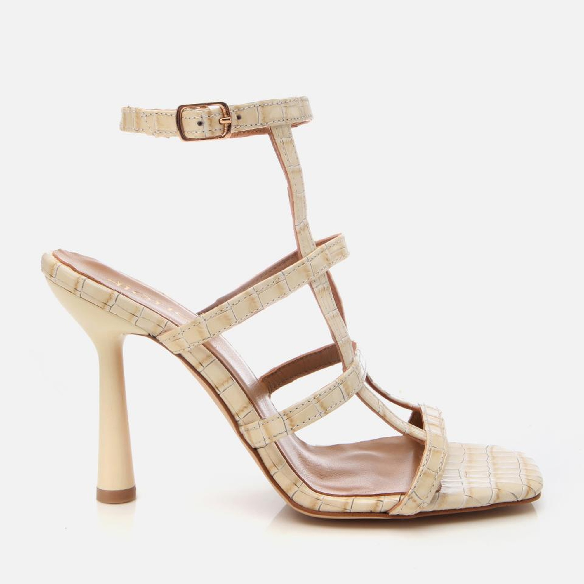 Kadın Deri Bej Kroko Desenli Topuklu Sandalet