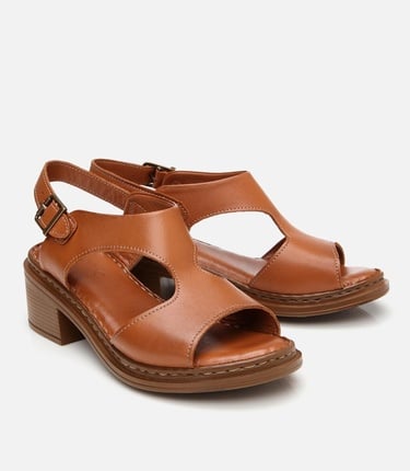  Kadın Deri Taba Kemerli Rahat Topuklu Sandalet