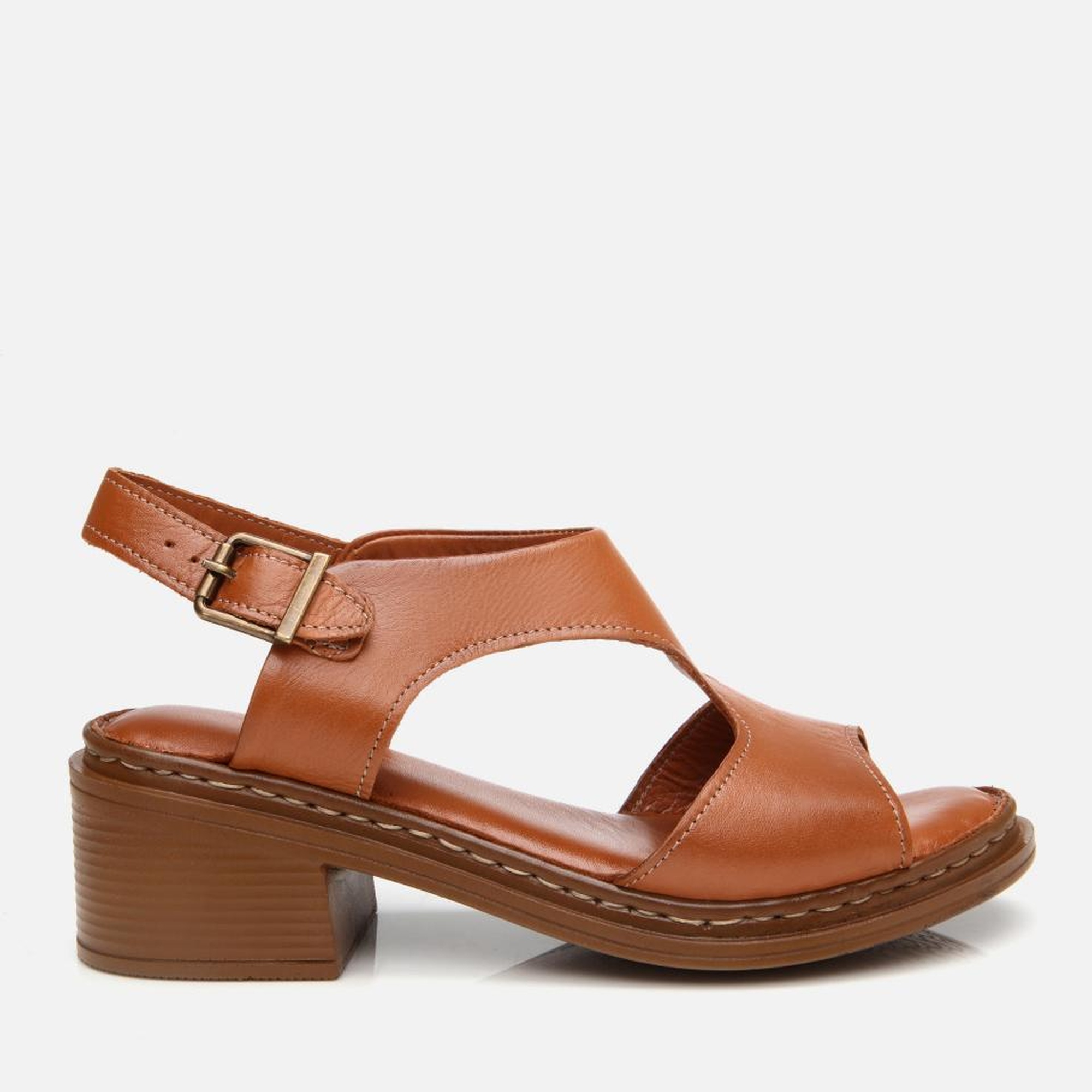 Kadın Deri Taba Kemerli Rahat Topuklu Sandalet