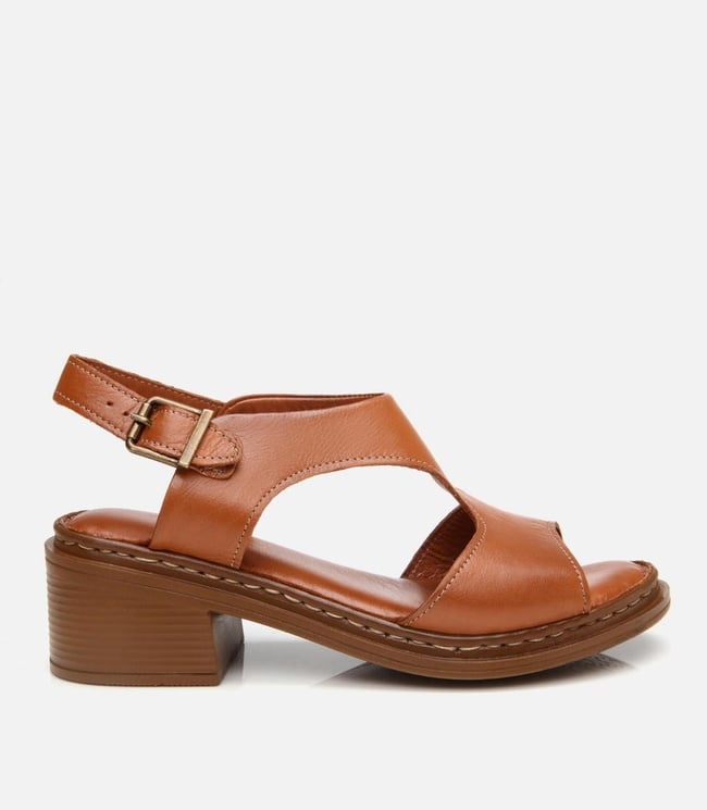  Kadın Deri Taba Kemerli Rahat Topuklu Sandalet