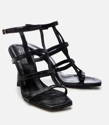  Kadın Deri Siyah Kroko Desenli Topuklu Sandalet